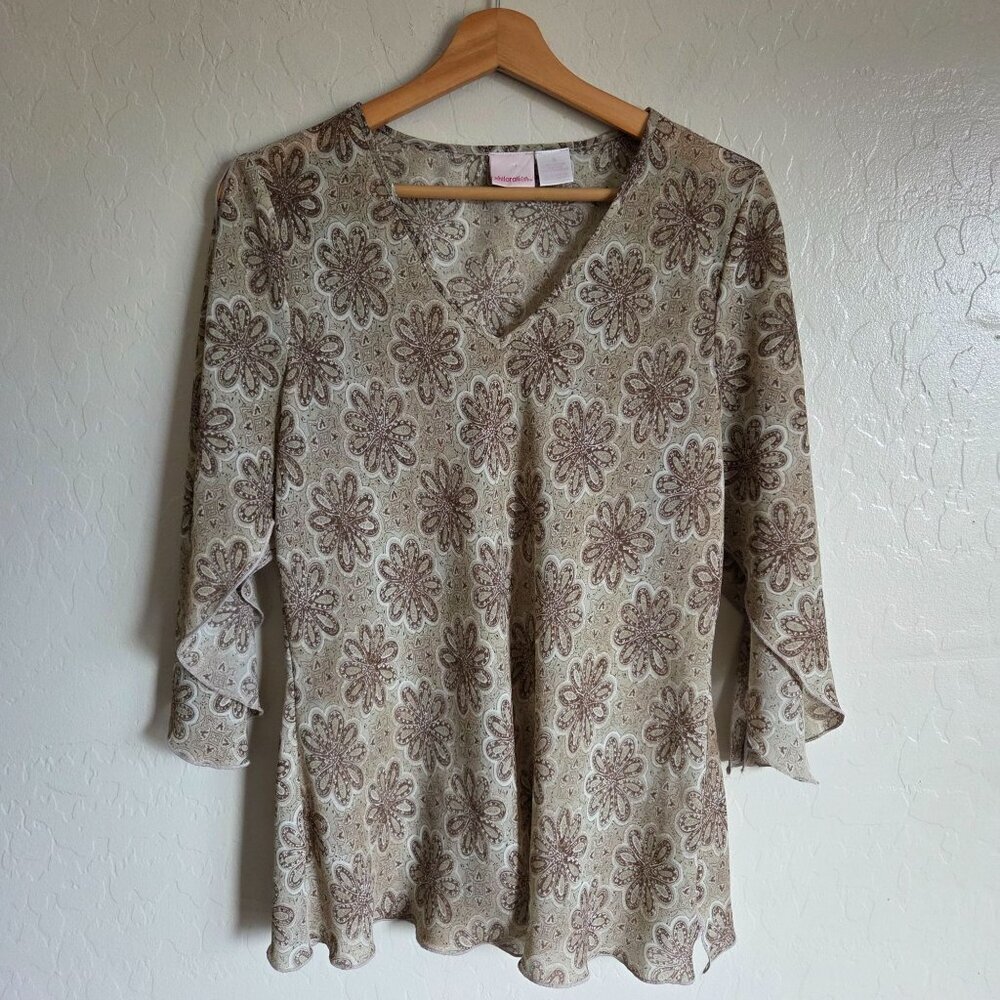 Xhilaration Vintage Y2K Floral Split Sleeve Top Tan/Brown Size XL Fairy Grunge